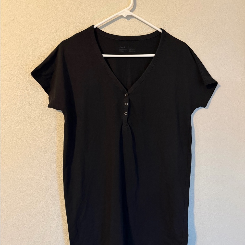 Women’s Pact Dress Organic Cotton Black Henley Neck Short Shirt Dress Size Small